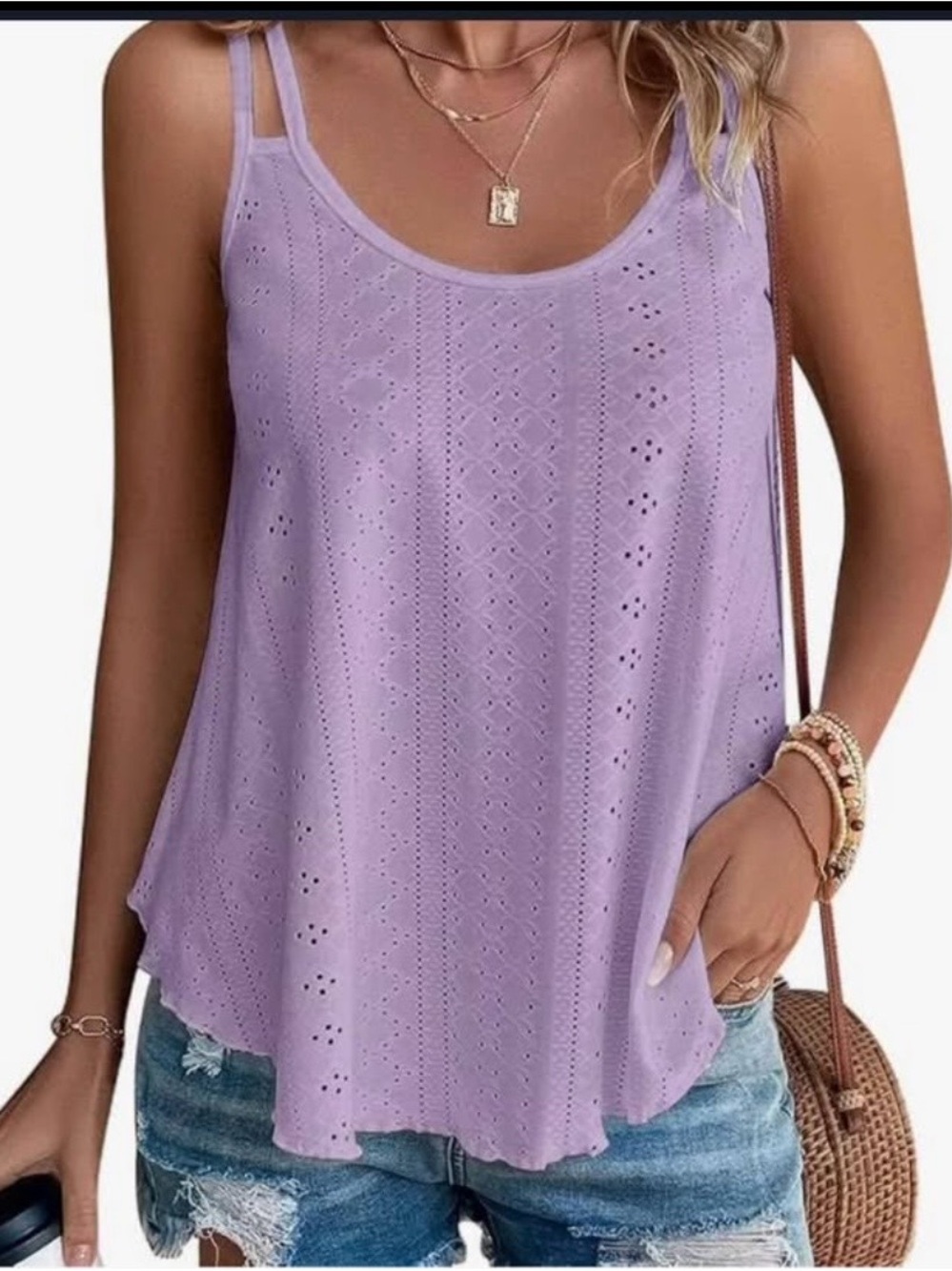 Lavender Eyelet Knit Sleeveless Tank Top - Women